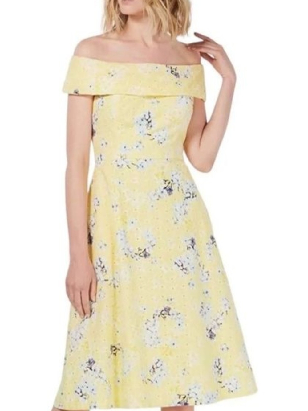 Calvin Klein Yellow Floral Off-Shoulder Fit-and-Flare Dress